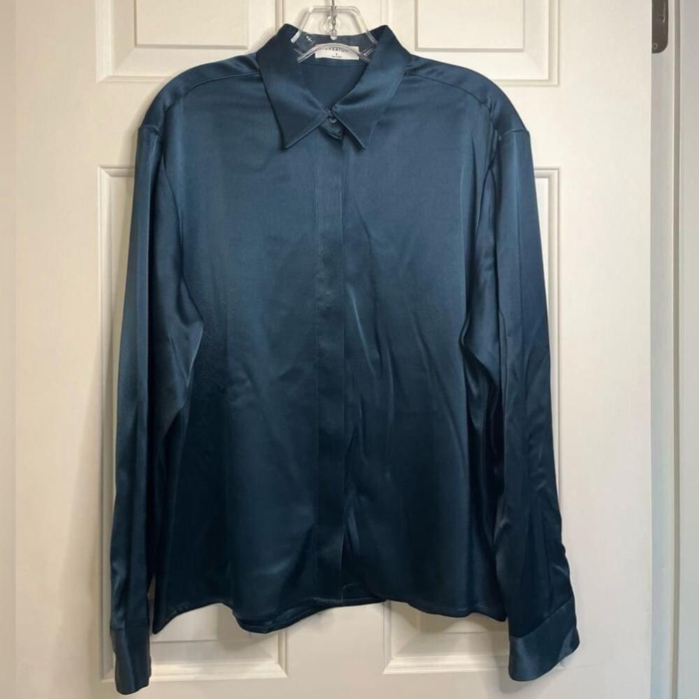 SOLD Aritzia Babaton Sable Herbage Green Satin Long Sleeve Button-down Shirt S - Picture 4 of 15